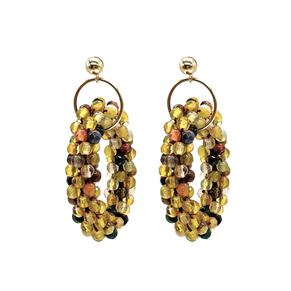 beaded gemstone earrings with large multicolor agate rings and ball post