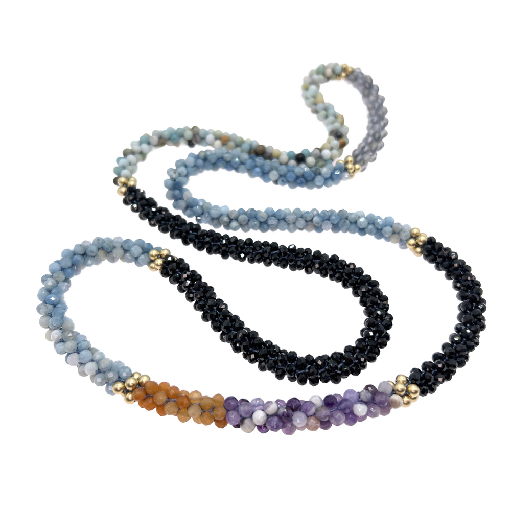 aquamarine, black spinel, amazonite and gold beaded gemstone necklace