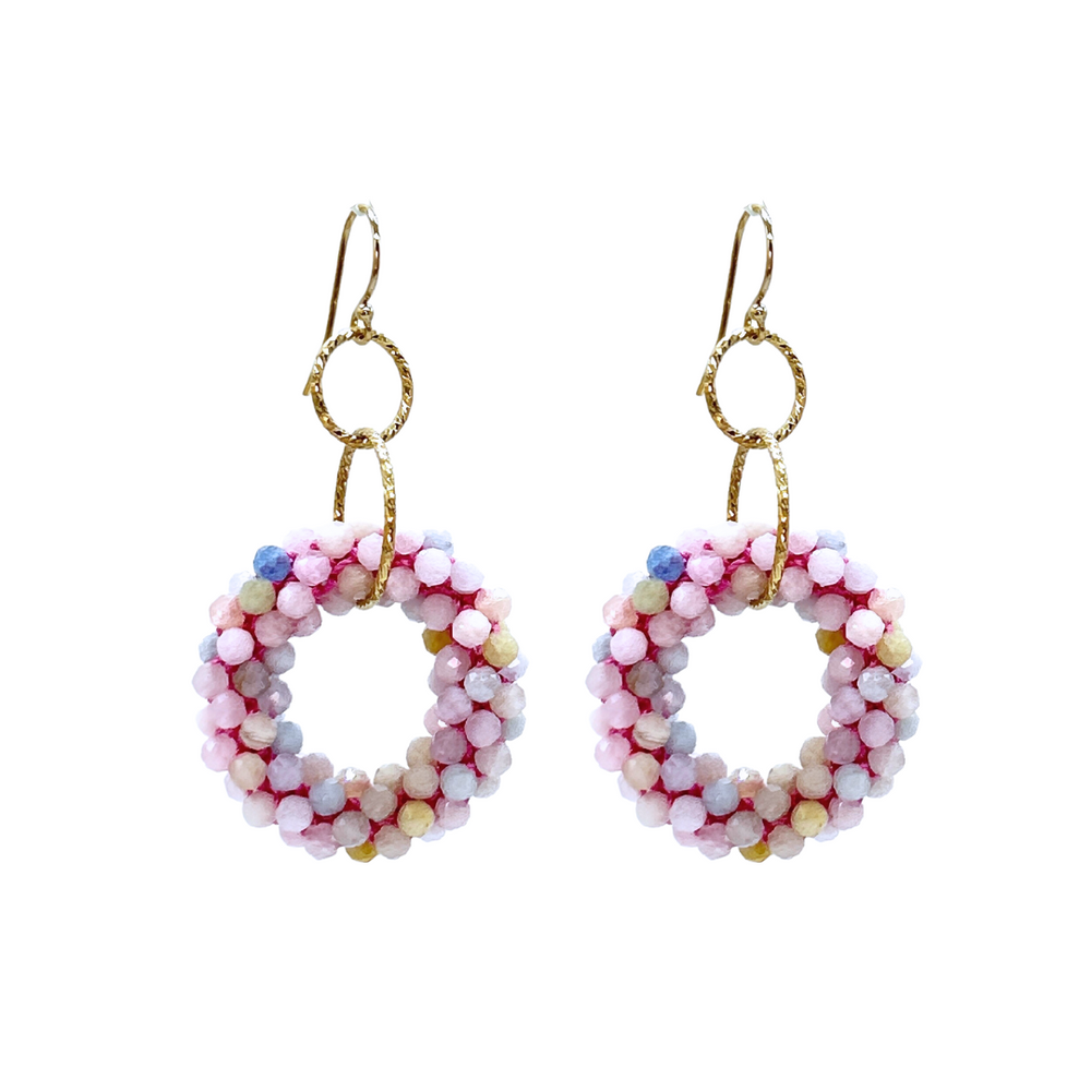 
            
                Load image into Gallery viewer, beaded gemstone earrings with small morganite rings, interlocking gold rings and gold earwires
            
        