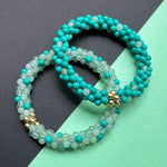 handmade beaded gemstone polkadot bracelets in turquoise and pale green with gold