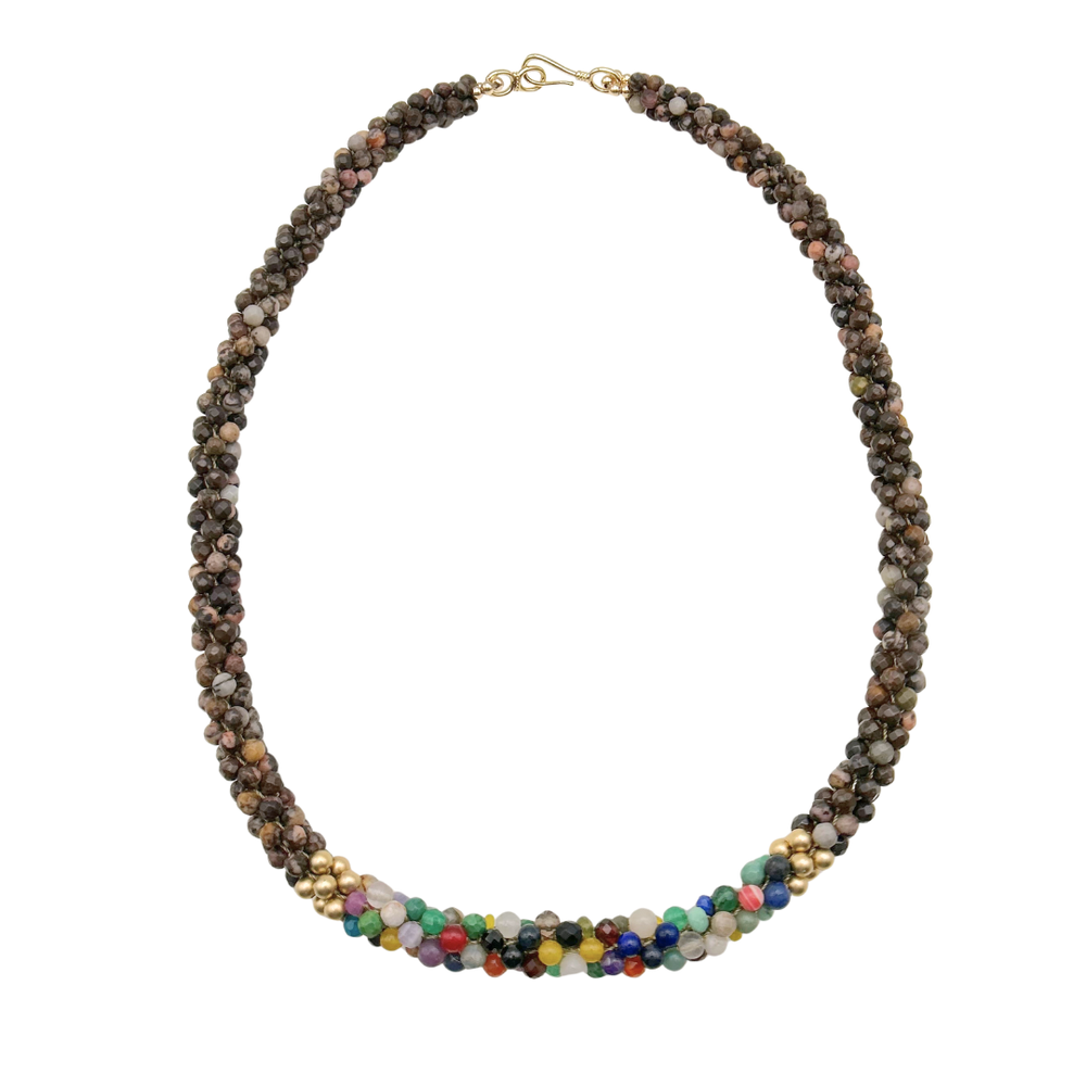 handmade beaded gemstone necklace in brown with multicolor accent and clasp on white background
