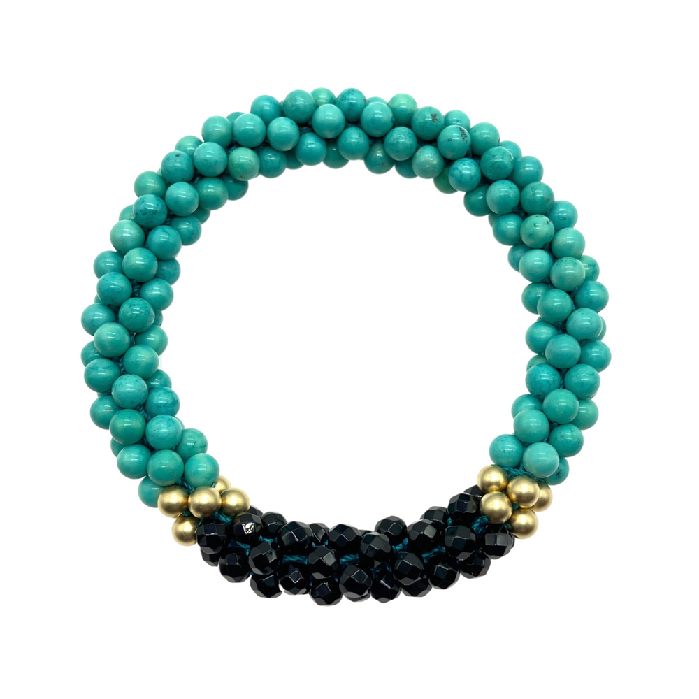 beaded gemstone bracelet: turquoise, black onyx and gold on white background