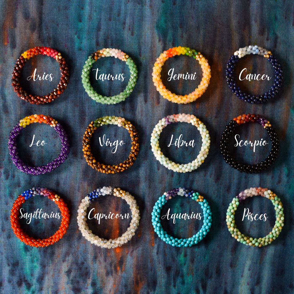 full collection of beaded gemstone zodiac color bracelets