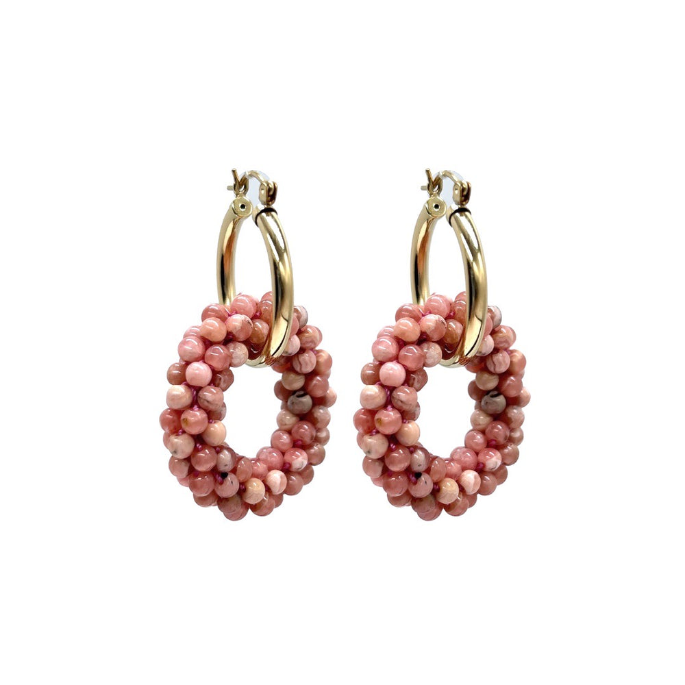 beaded gemstone earrings with small rhodonite rings and gold hoops