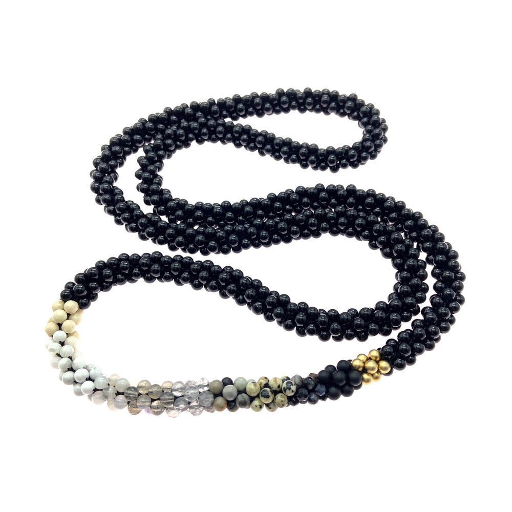 
            
                Load image into Gallery viewer, beaded gemstone necklace: black and white ombre, onyx and gold on white background
            
        