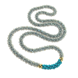 beaded gemstone necklace: labradorite, turquoise and gold on white background