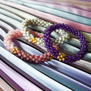 rose quartz, lepidolite and gold beaded bracelet in group with other gemstone bracelets