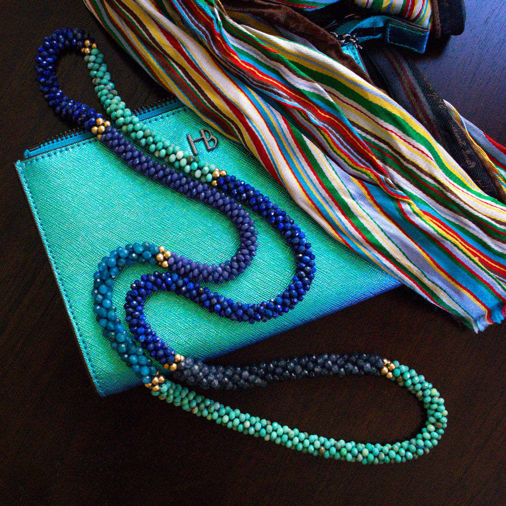 lapis, moss opal and gold beaded necklace with clutch bag and scarf