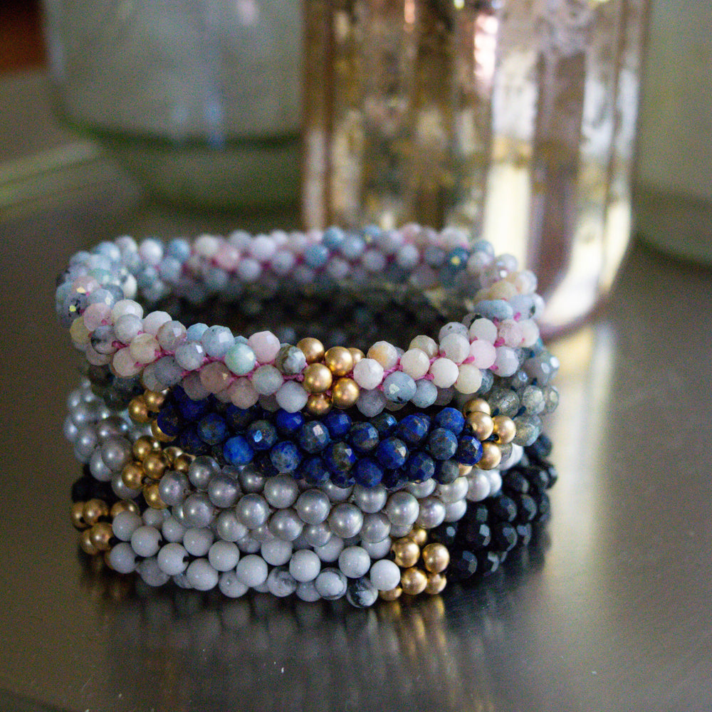 
            
                Load image into Gallery viewer, labradorite and lapis bracelet in a stack of four different bracelets
            
        