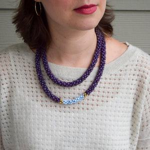 
            
                Load image into Gallery viewer, lepidolite, blue lace agate and gold beaded necklace on model worn doubled
            
        