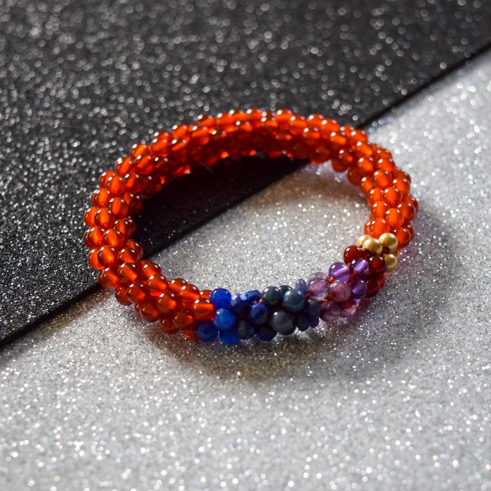 Elastic Printed Glass Beads Bracelet, Brown And Light Orange