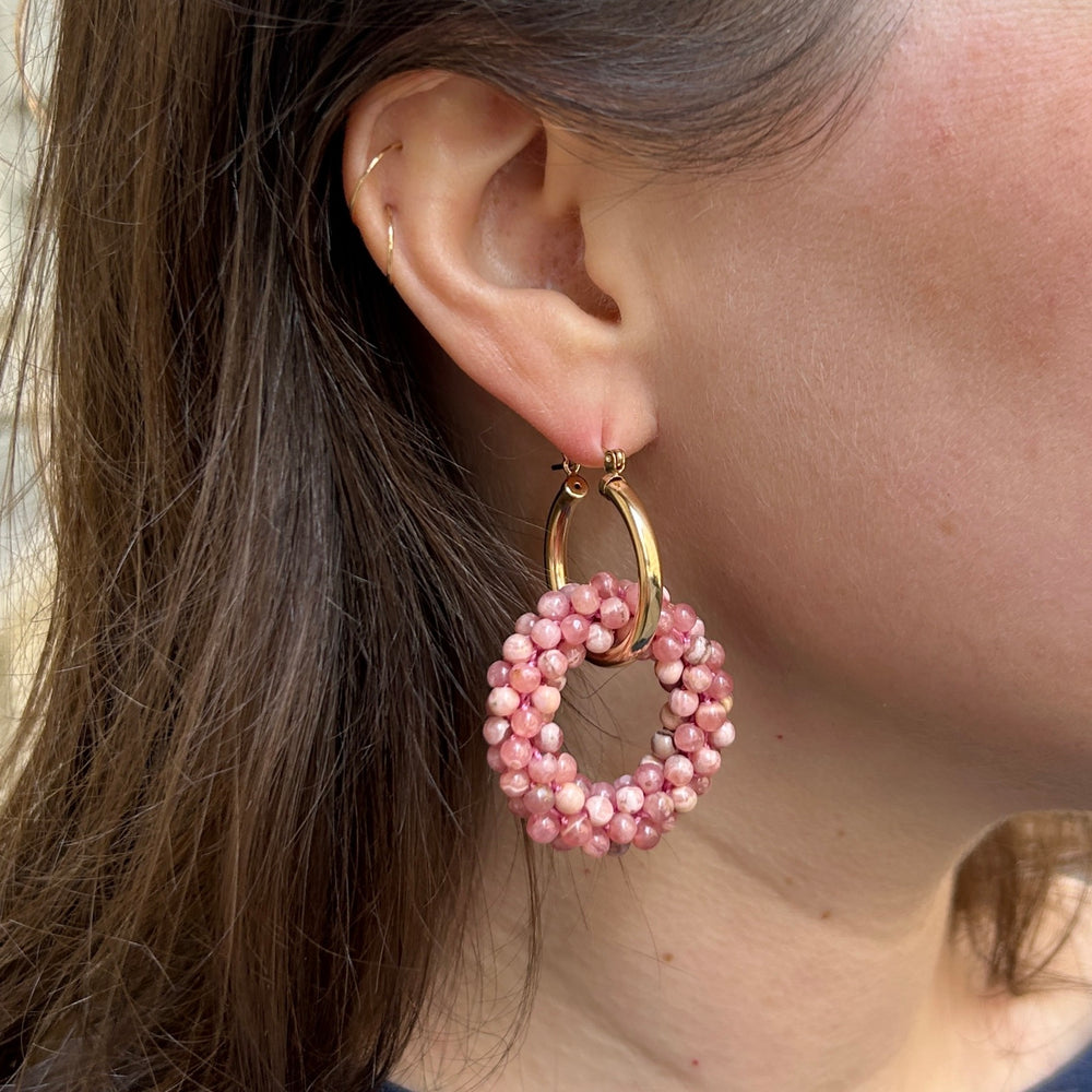 
            
                Load image into Gallery viewer, Beaded Gemstone Earrings: Small Rhodonite Rings with Gold Hoops
            
        