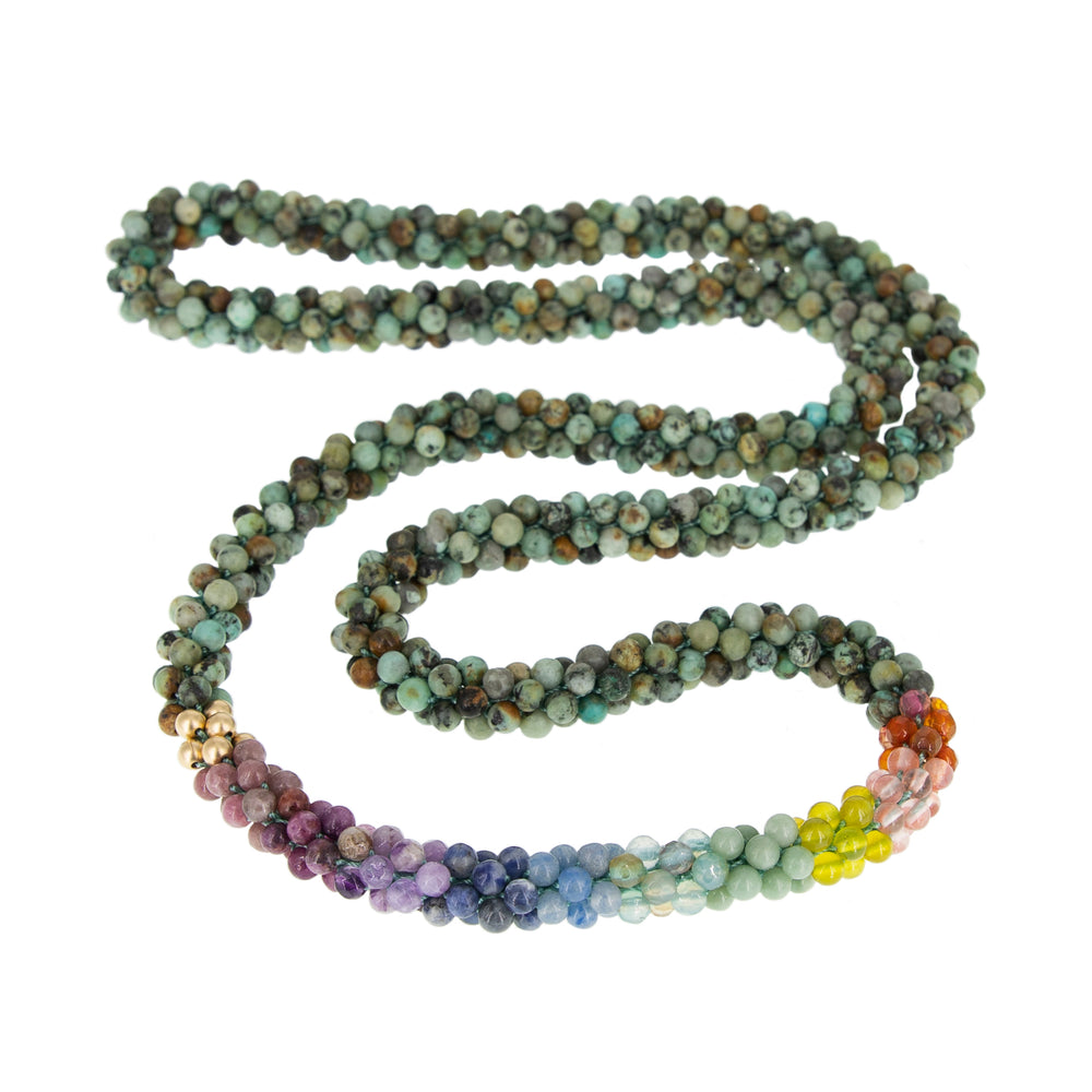 
            
                Load image into Gallery viewer, beaded gemstone necklace: rainbow, african turquoise and gold on white background 
            
        