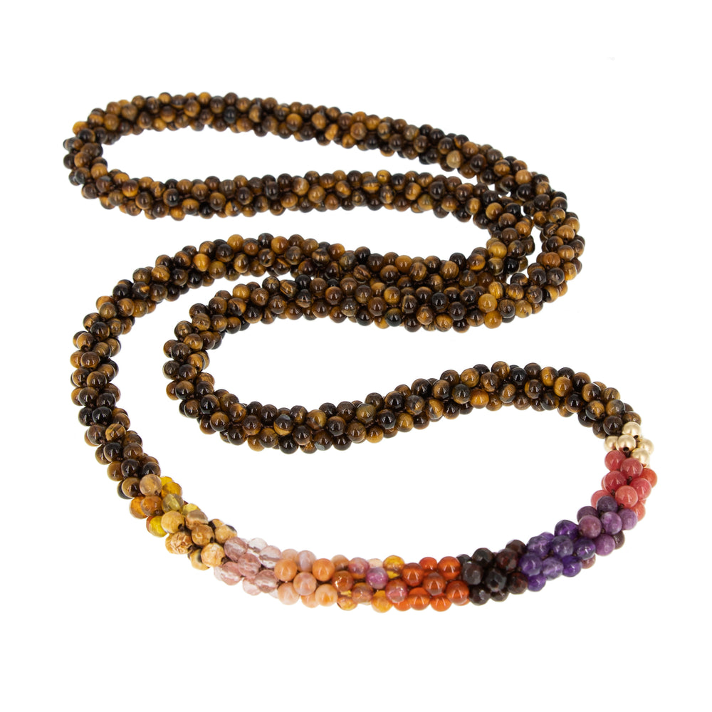beaded gemstone necklace: fiery red ombre, tiger eye and gold on white background