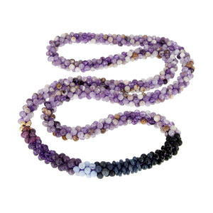 beaded gemstone necklace: rich purple ombre, amethyst and gold on white background