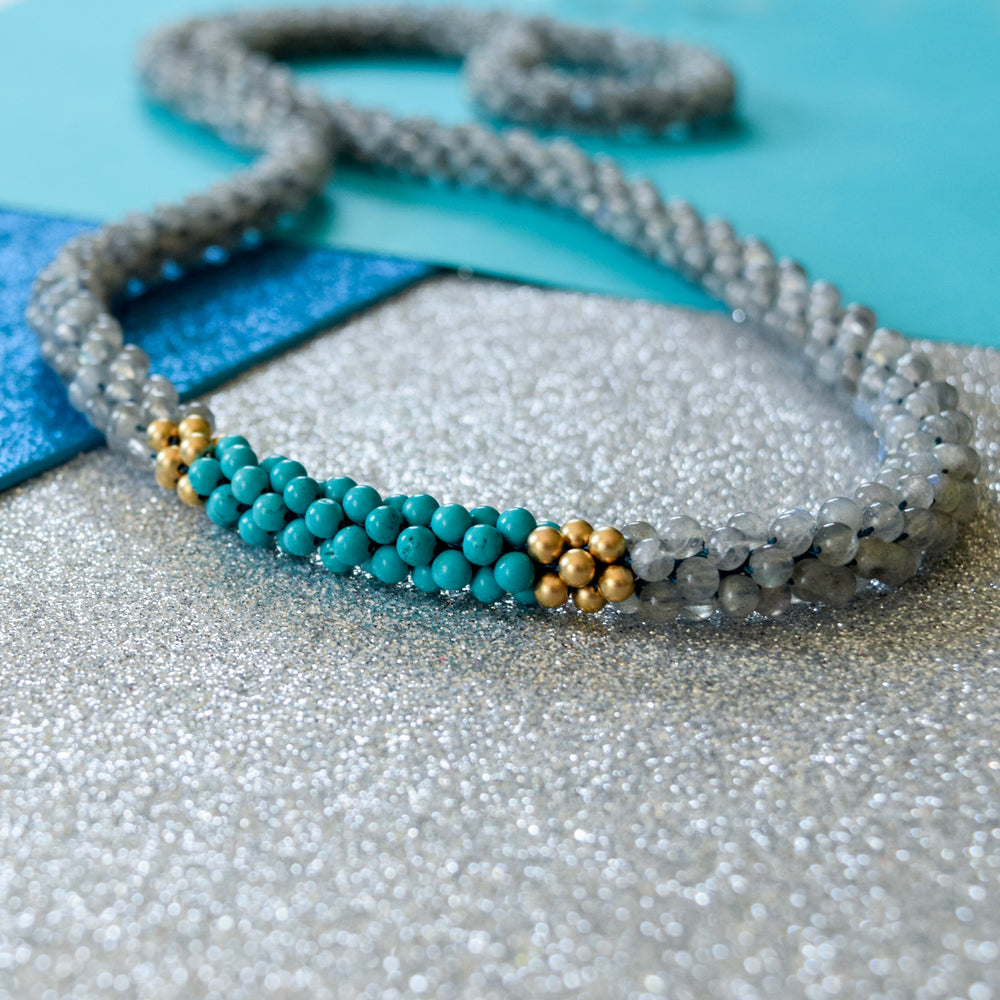 Beaded Gemstone Necklace: Labradorite, Turquoise and Gold
