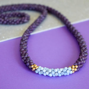 
            
                Load image into Gallery viewer, detail of lepidolite, blue lace agate and gold beaded necklace
            
        