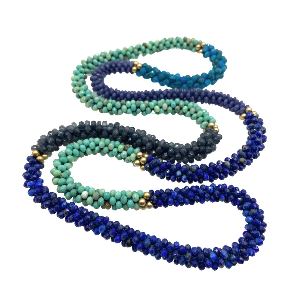 beaded gemstone necklace: lapis, moss opal and gold on white background