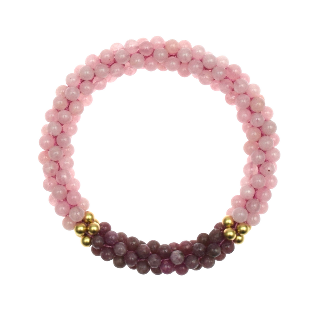 beaded gemstone bracelet: rose quartz, lepidolite and gold bracelet on white background