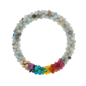 beaded gemstone bracelet: rainbow, amazonite and gold on white background