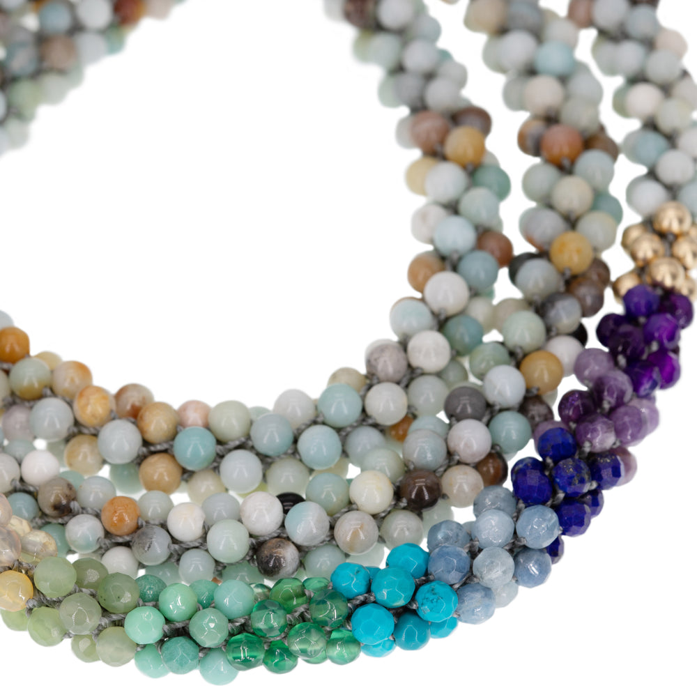 
            
                Load image into Gallery viewer, detail of rainbow, amazonite and gold beaded necklace
            
        