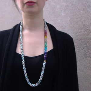 
            
                Load image into Gallery viewer, rainbow, amazonite and gold beaded gemstone necklace on model
            
        