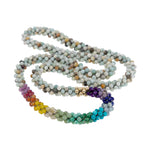 beaded gemstone necklace: rainbow, amazonite and gold on white background