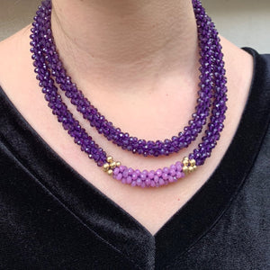 
            
                Load image into Gallery viewer, amethyst, pink jade and gold beaded necklace worn doubled on model
            
        