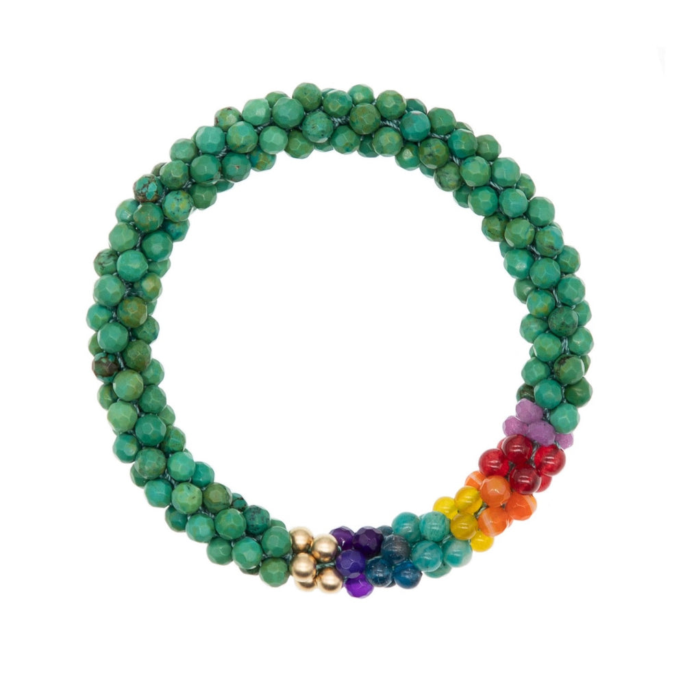 
            
                Load image into Gallery viewer, beaded gemstone bracelet: rainbow, green turquoise and gold on white background
            
        