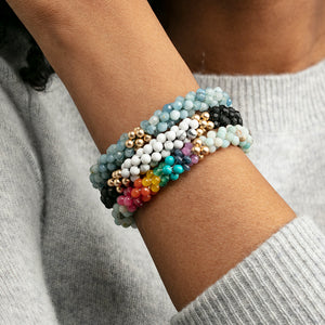 
            
                Load image into Gallery viewer, rainbow, amazonite and gold bracelet on model worn with two other bracelets
            
        