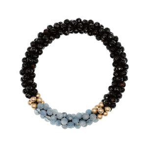 beaded gemstone bracelet: black onyx, aquamarine and gold