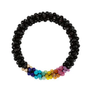 beaded gemstone bracelet: rainbow, black onyx and gold on white background