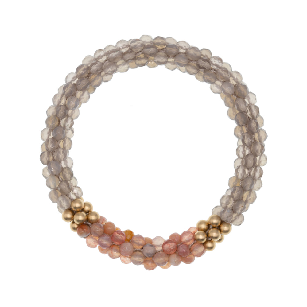 beaded gemstone bracelet: grey onyx, peach agate and gold