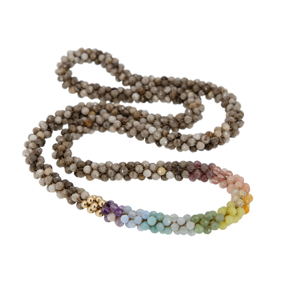beaded gemstone necklace: rainbow, jasper and gold on white backrgound