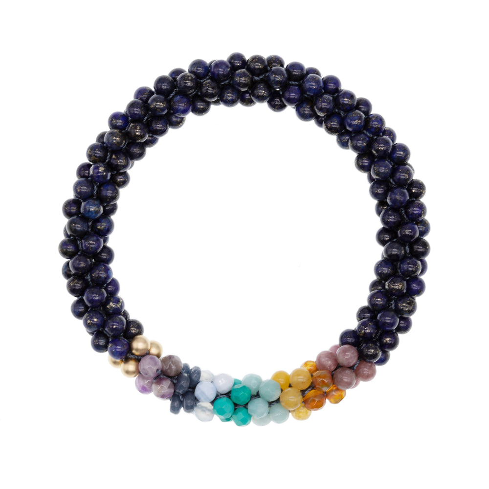 
            
                Load image into Gallery viewer, beaded gemstone bracelet: rainbow, lapis and gold on white background
            
        