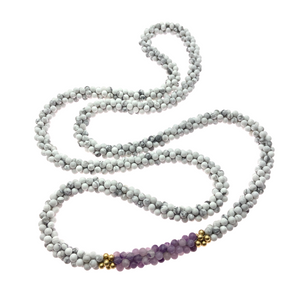 
            
                Load image into Gallery viewer, beaded gemstone necklace: howlite, purple jade and gold on white background
            
        