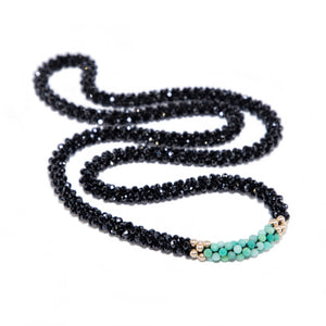 
            
                Load image into Gallery viewer, beaded gemstone necklace: black spinel, moss opal and gold on white background
            
        