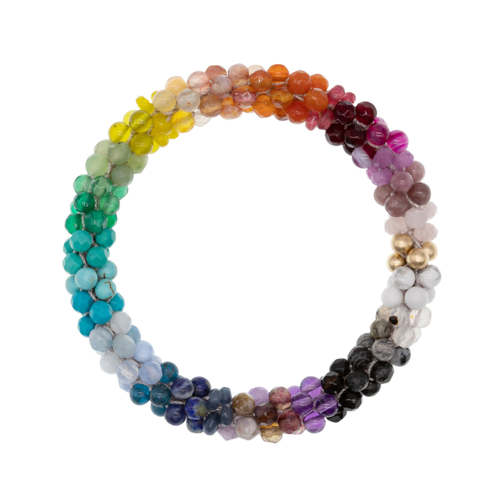 
            
                Load image into Gallery viewer, beaded gemstone bracelet: ultimate rainbow and gold on white background
            
        