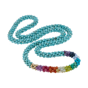 
            
                Load image into Gallery viewer, beaded gemstone necklace: rainbow, turquoise and gold on white background
            
        